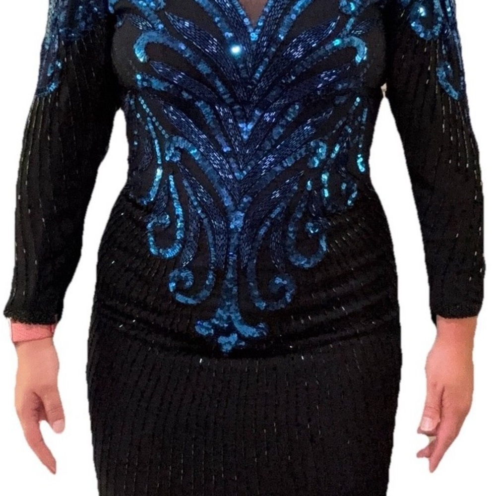 A.J. Bari Black Long Sleeve Dress with Blue Sequin Detail - Picture 3 of 14